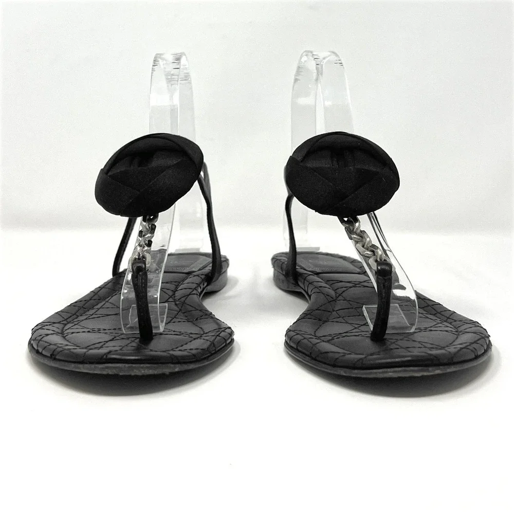 Christian Dior Delices Thong‎ Flat Sandals Black Leather Cannage Rosette 36